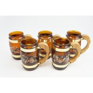 Vintage Siesta Ware Amber Glass Mugs Set of 5 Wood Handle Western Graphics EUC